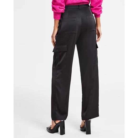 DKNY JEANS WOMENS STRETCH SATIN CARGO WIDE-LEG PANTS BLACK SIZE 16 NEW - Picture 2 of 14